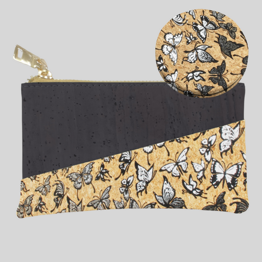 cork compact purse in black ad with silver butterfly design, round cork compact mirror with silver butterly design