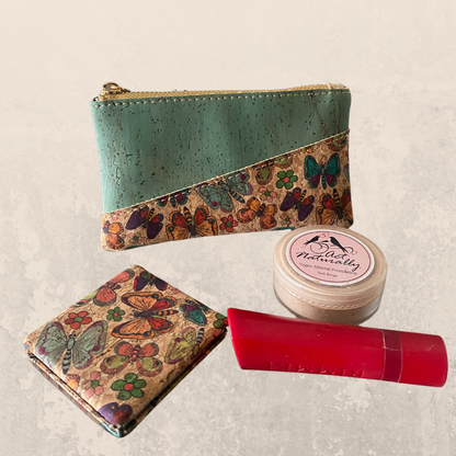cork purse and mirror duo with lipstick and small powder compact
