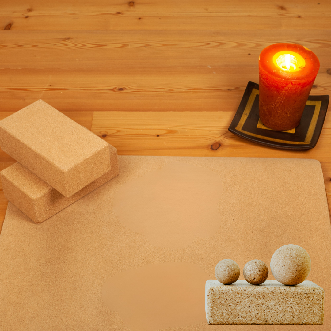 cork yoga mat with cork bricks, balls and soft candle